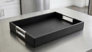Premium PU Leather Decorative Tray with Stainless Steel Handle Single Tier Food & Beverage Storage for Coffee Table - Product Image 2