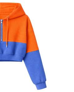 Ensemble décontracté deux pièces pour femme, comprenant un crop top à capuche zippé et un short, bicolore orange et bleu, en polyester et coton, vêtements de détente, vente en gros personnalisée - Product Image 2