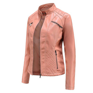 <b>Women's</b> Genuine <b>Leather</b> Motorcycle <b>Jacket</b> Stand Collar Zipper Winter Solid Finished <b>Moto</b> Biker Coat Pink Autumn - Product Image 1