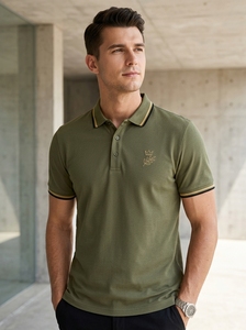 Mens Cotton Jersey for Shirt Short Sleeve Contrast Trim Button Collar Front Solid Custom <b>Logo</b> Casual Business - Product Image 5
