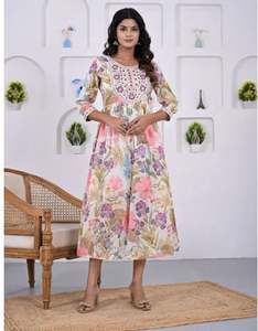 Robe plissée à col rond et manches longues lanternes, boutonnage simple, taille ajustée, imprimé unique, qualité supérieure, modèle 2026, meilleur prix toujours - Product Image 1