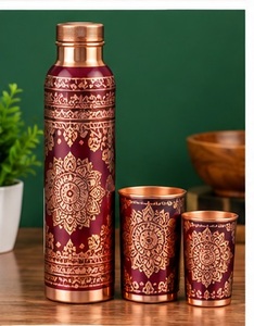 Artistic Copper <b>Water</b> <b>Bottle</b> and Cup Set with Lid Black Leaf Pattern Leak Proof <b>BPA</b> <b>Free</b> Portable Travel Drinkware - Product Image 2