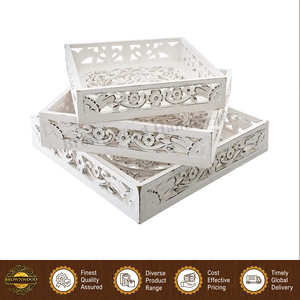 Juego de 3 bandejas de servir cuadradas de madera MDF hechas a mano, de diseño moderno, color blanco quemado antiguo, de la más alta calidad y multifuncionales. - Product Image 4