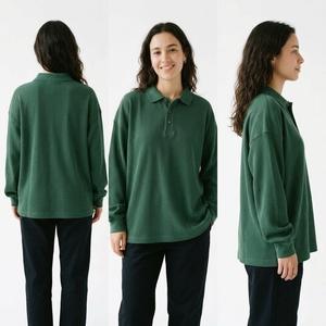 Women Long Sleeve Waffle <b>Polo</b> <b>Shirt</b> Loose Fit Drop Shoulder Button Turn Collar <b>Polo</b> Tee Casual 100%Cotton Baggy Waffle <b>Polo</b> Tee - Product Image 5