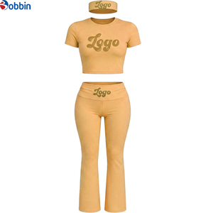Customized Custom Logo Women 3 Piece Set High Waist Flare Pants and <b>Crop</b> <b>Top</b> with Headband Athleisure Yoga Workout Tracksuit - Product Image 2