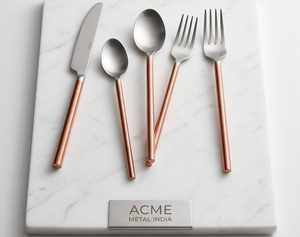 Dual Tone Minimal Copper Handle Cutlery Set With Slim Cylindrical Handle Stainless Steel Rust Resistant Wedding And Restaurant - Product Image 1