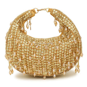 Pochette demi-lune dorée ornée de perles, de paillettes et de pompons, sac à main scintillant pour soirées et mariages - Product Image 1
