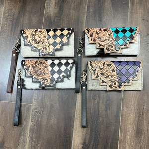 Nouveau portefeuille-bracelet en cuir de vachette artisanal, incrusté de motifs floraux à carreaux, style western, en cuir véritable, pochette pour femme - Product Image 4