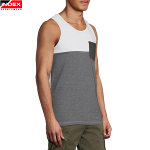 Camiseta sin Mangas para Hombre INDEX, Cuello Redondo, Diseño Color Block, Tejido de Punto, Gris Sólido y Blanco, con Bolsillo, Ropa Deportiva Casual - Product Image 4
