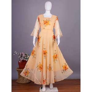 Vestido Largo de Mujer con Mangas con Volantes y Estampado Digital en Georgette, Color Limón - Product Image 2