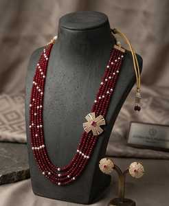 Classic Long Multi-Layered Brass Antique Gold Plated Imitation Pearl & Pink Stone Bridal <b>Wedding</b> <b>Necklace</b> <b>Set</b> - Product Image 2