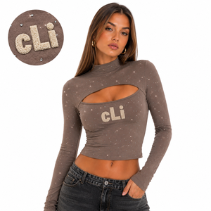 Custom Chenille Patch Crop <b>Top</b> Front Cutout women's shirt Mock Neck <b>Long</b> <b>Sleeves</b> T-Shirt Casual <b>Sparkly</b> Rhinestone Slim Fit Tee - Product Image 4