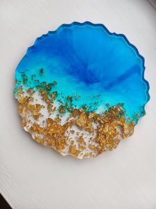 Unique Round <b>Glass</b> Resin <b>Coaster</b> Set With Seashells Starfish Bohemian Design Handmade Table Mats 350mm Diameter <b>Coaster</b> - Product Image 3