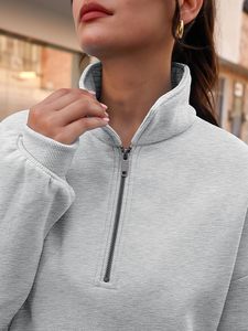 <b>Women's</b> Oversized <b>Quarter</b>-<b>Zip</b> <b>Sweatshirt</b> Solid Gray Drop-Shoulder Pullover With Pockets Knitted Cotton Blend Autumn Wear - Product Image 5