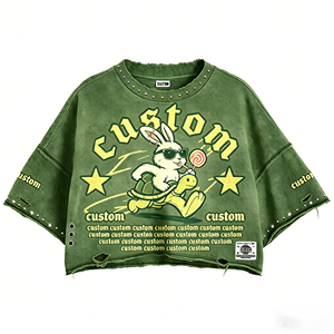 Camiseta de Doble Capa con Logotipo Bordado Personalizado, Corte Holgado, Estilo Cuadrado, con Pedrería y Estampado Desgastado - Product Image 1