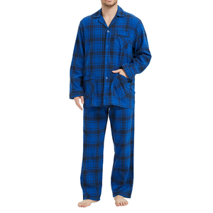 Ensemble de pyjama en flanelle bleu à carreaux pour homme, manches longues, boutons sur le devant, vêtements de nuit respirants en coton, vêtements décontractés d'hiver - Product Image 1