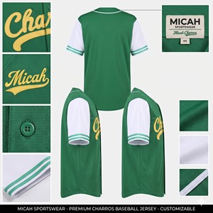 Camiseta de Béisbol Micah Charros Verde y Blanca de Manga Corta con Logotipo Bordado, Cierre de Botones, Unisex para Adultos, Malla Transpirable - Product Image 5