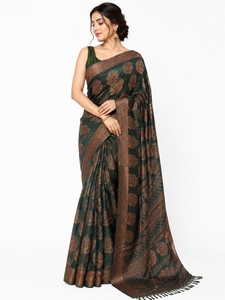 Sari de Seda Verde con Borde Marrón, Traje Tradicional Indio para Bodas, Largo hasta el Suelo, Sin Arrugas - Product Image 2