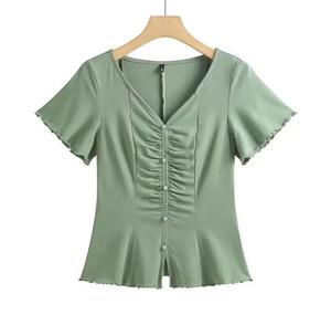 Camiseta de punto de talla grande con cuello con volantes y manga larga, color liso, estilo que rejuvenece, para mujer, colección otoño - Product Image 4