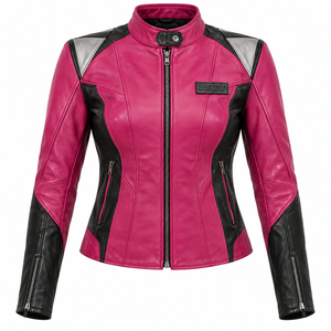 Pink Leather Jacket <b>Womens</b> Black Contrast Silver Shoulder Biker Fit Zipper Cuff Custom Racer <b>Outerwear</b> Track Coat Brand Darkry - Product Image 1