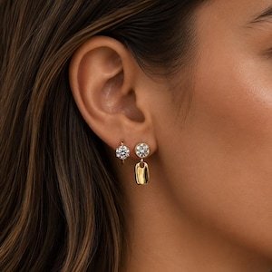 Boucles d'oreilles minimalistes en or massif 14K 18K jaune et blanc, avec breloque en diamant de laboratoire taille ronde certifié IGI, couleur E, clarté VVS - Product Image 5