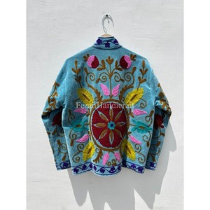 Sky Blue Velvet Suzani <b>Jacket</b> Floral Embroidery <b>Short</b> Unisex <b>Jacket</b> With Inside Cotton Lining Women's Casual Suzani <b>Jacket</b> - Product Image 6