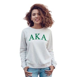 เสื้อสเวตเชิ้ตคอกลมสีขาว AKA พร้อมตัวอักษรกรีกโค้งสีเขียว ผ้าฟลีซ แบบสวมหัว ยูนิเซ็กซ์ เสื้อผ้าสำหรับชมรมนักศึกษา รับผลิตแบบ OEM ODM - Product Image 1