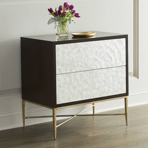 Coffre de rangement contemporain à mosaïque de briques horizontales, fonctionnant également comme une table de chevet décorative à double tiroir en nacre. - Product Image 4