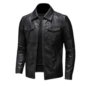 Blouson en cuir pour homme, grande taille, avec poches, fermeture éclair noire, col à revers, coupe ajustée, pour le printemps et l'automne - Product Image 1