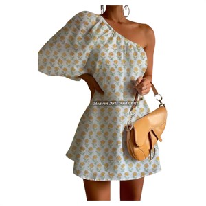 Nuevo Vestido Sexy de Verano para Mujer, Estampado a Mano, con un Hombro Descubierto y Manga Abullonada - Product Image 6