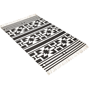 Alfombra Tejida a Mano de Lana con Diseño Geométrico del Suroeste, Color Negro Marfil, Estilo Tribal Azteca Boho con Flecos, Decoración para Sala de Estar - Product Image 5