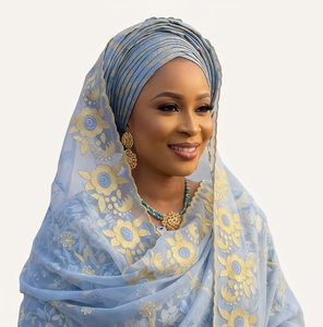 Hijab en Chiffon Brodé Floral pour Femme, Bleu Clair, Foulard Africain Modeste pour Usage Quotidien, Respirant avec Strass - Product Image 3