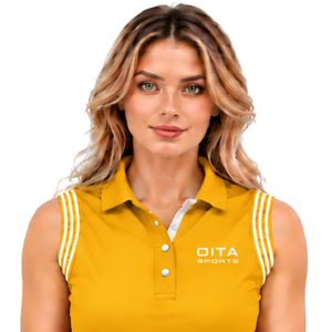 Polo sans manches jaune moutarde pour femme, coupe ajustée, col à revers, pour l'équitation et l'entraînement, personnalisable, vente en gros - Product Image 3