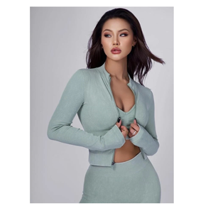 Women Ladies 3-Piece Yoga Suit Long Sleeve <b>Workout</b> Set <b>Jacket</b> Leggings Bra - Product Image 1