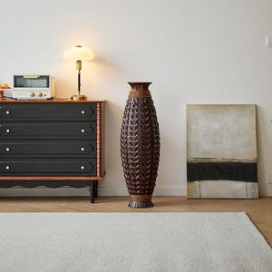Jarrón Redondo de Bambú Tejido a Mano, Estilo Boho Moderno, Recipiente Alto para Flores, Decoración Rústica para Sala de Estar o Entrada - Product Image 1