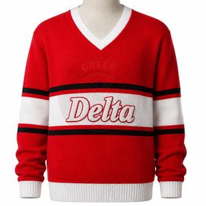 Suéteres personalizados con letras griegas para mujer, 100% acrílico, cuello en V, tejido de punto, bordado de chenilla, ropa universitaria para hermandades y fraternidades. - Product Image 2