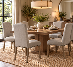 Chaise de salle à manger rembourrée de style minimaliste et transitoire avec garniture cloutée, en lin beige et pieds en bois - Product Image 1