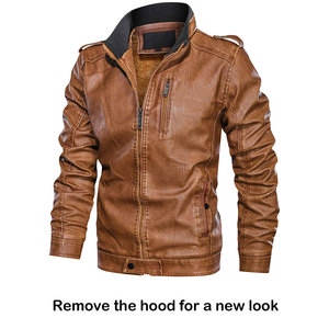 Blouson en cuir élégant pour homme, style universitaire, avec col montant tissé et capuche, confortable, décontracté, style urbain, vente en gros - Product Image 3