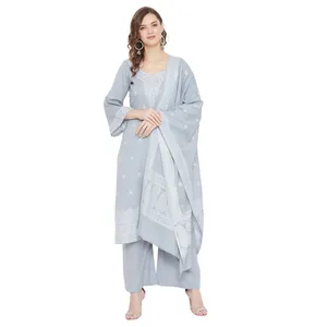 Tissu de robe non cousu en coton tissé Chikankari gris ardoise Safaa - Ensemble ethnique indien 3 pièces et dupatta assorti pour femmes - Product Image 1