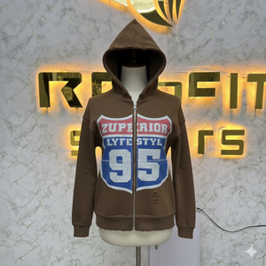 Sudadera con capucha y cremallera, estilo vintage, lavada, color marrón, con diseño gráfico, de felpa, para hombre y mujer - Product Image 1
