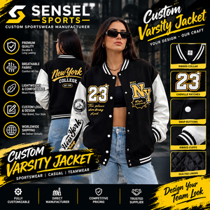 เสื้อแจ็คเก็ตวาร์ซิตี้แบบสั่งทำ SENSSEL SPORTS รุ่น Unisex สีดำขาว ปักลาย NY ติดกระดุมแป๊ก คอเสื้อแบบริบบิ้น ซับในแบบควิลท์ สไตล์ลำลอง - Product Image 1