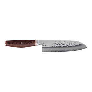 Cuchillos Santoku con mango de grano marrón y negro y hojas plateadas martilladas, con pasador decorativo, para cortar verduras, picar y preparar alimentos. - Product Image 2