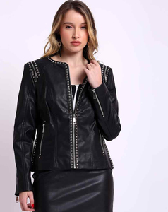 Blouson en cuir noir pour femme, style motard, avec rivets, manches longues, fermeture éclair, coupe courte, couleur unie, collection Printemps, faible MOQ, vente en gros 2026 - Product Image 1