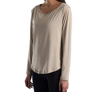 Camiseta de Manga Larga Personalizada para Mujer, Cuello Redondo, Corte Holgado, Informal, para Gimnasio, Transpirable, de Algodón Suave, para Fitness, Yoga, Lisa, Beige - Product Image 5