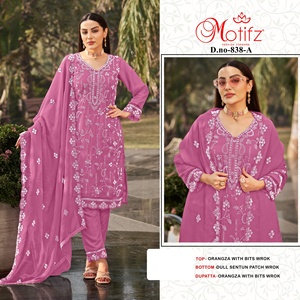 Ensemble de 4 pièces de créateur Shalwar Kameez en organza brodé Superbe Sharara Dupatta pour les fêtes Vêtements indiens pakistanais - Product Image 4