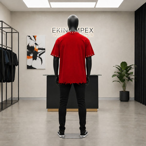 Custom Red Oversized T-Shirt Men 3D Skull Print Streetwear Hip Hop with Metal <b>Studs</b> Rivets Distressed Raw Hem Heavyweight Cotton - Product Image 4