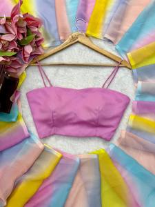 Sari en mousseline de soie pour femme Tennecy, imprimé numérique multicolore pastel, longueur au sol, infroissable, séchage rapide, réversible, élégant et traditionnel - Product Image 4