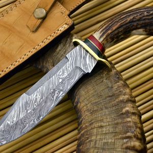 Cuchillo de Hoja Fija de Acero de Damasco, Cuchillo de Caza con Punta Caída, Grosor de 0.6mm, Mango de Cuerno - Product Image 2