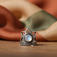 Anillo de cóctel bohemio vintage con piedra lunar, aleación de latón chapado en cobre antiguo, engaste de canal natural, hecho a mano, ligero