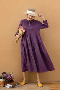 Robe longue décontractée pour femme en coton et lin, style bohème, coupe ample, manches longues, violette, à volants - Product Image 3